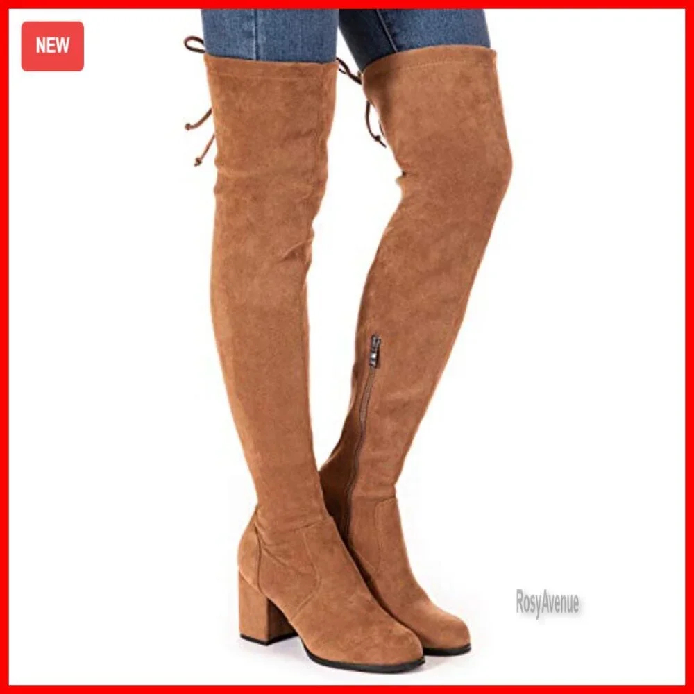 Women's Over Knee Boots Suede Block Heel Lace Up Winter OTK Comfort